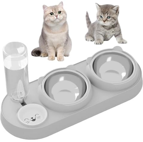 3-in-1 Katze Futternapf und Wassernapf Set, Katzennapf aus Edelstahl mit Automatische Wasserspender, 15° Neigbar Doppel-Katzennäpfe für Indoor-Katzen, kleine oder mittelgroße Hunde