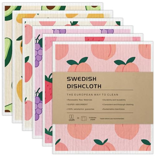 AlGuirnex Swedish Dishcloth 6 Pack - Super Absorbent Reusable Dish Cloths, Biodegradable Compostable Cleaning Cloth, Food-safe Plastic-free Dishcloths for Dishes, Surfaces (Fruit)