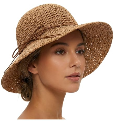 LISHIHE Strohhut Damen Faltbar Sonnenschutz,Sonnenhut Damen Atmungsaktiv,Strandmütze Mit Bowknot Gärtner Strohhut Für Outdoor, Reisen, Urlaub