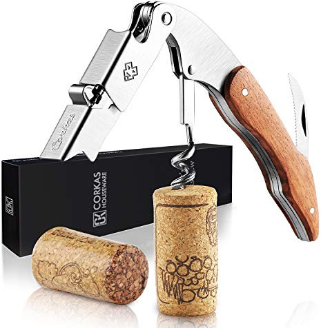 CORKAS Wine Key - Sacacorchos profesional hecho a mano para camarero, abridor de vino compacto con doble bisagra, cortador de papel de aluminio y abrebotellas, regalos para Severs, Sommelier