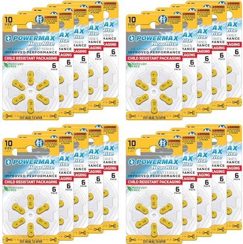 Powermax Size 10 Hearing Aid Batteries, 120 Count Long-Lasting Battery Pack, Yellow Long Tab for Easy Change