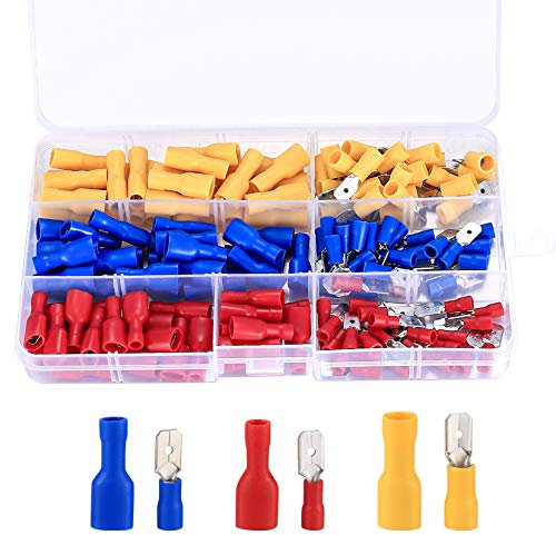 Quetschverbinder Kabelverbinder Set, Kabelschuhe Sortiment, Spade Insulated Crimp Terminals, Kabelklemmen für Elektrische Kabel Set, Bullet Steckverbinder Werkzeugsatz (Rot, Gelb, Blau, 150 Stück)