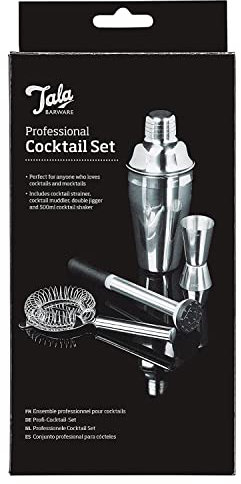 Tala Barware Professional Cocktail Set - 4 Piece Gift Set - Stainless Steel 500ml Cocktail Shaker, Hawthorne Strainer, Muddler & Jigger Spirit Measure 25ml 50ml measurements - Dishwasher Safe