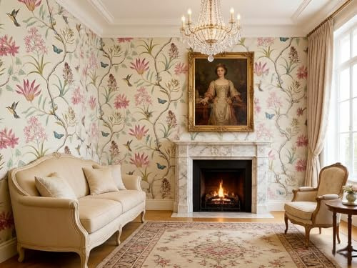 Rotolo di carta da parati in tessuto non tessuto, per camera da letto, soggiorno, 10 x 0,53 m, beige, motivo fiori americani, con farfalle e uccelli, per camera da letto, soggiorno, 1,73 x 32,8 cm L