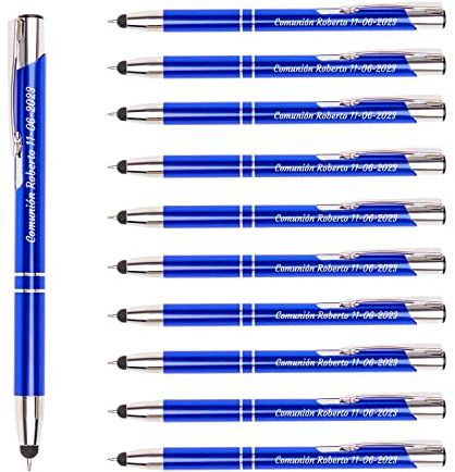 Pack 200 bolígrafos PERSONALIZADOS con tu nombre o texto | Brila Azul | Puntero para dispositivos móviles | Grabado a láser | Lote bolígrafos publicitarios, bodas, comuniones, merchandising…