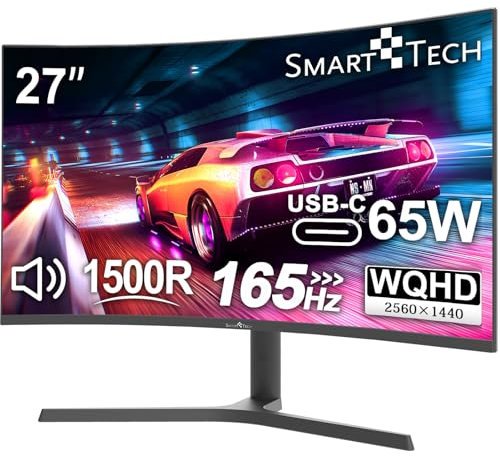 Smart Tech 2K Gaming Monitor 27 Zoll, 1500R Curved Bildschirm 165Hz, 2560 * 1440 (QHD), 1ms, Mit Lautsprechern, 16.7M(8 bit), FreeSync, DP 1.4, HDMl, USB-C, (Mit HDMI&USB-C&DP Kabel)