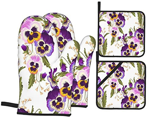 Ofenhandschuhe und Topflappen-Sets mit 4 Stück, bunt, abstrakte, bunte Stiefmütterchen, lila, schöne Blüten, botanisch, Ofenhandschuhe, hitzebeständige Ofenhandschuhe, Set, Topflappen für Küche, Backe