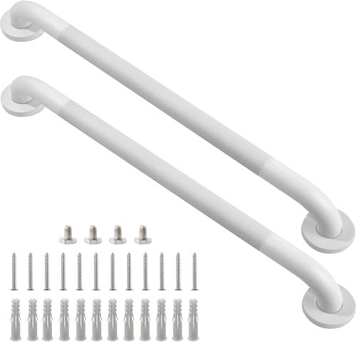 Rackickyer Shower Grab Bar, 2 Pack 32 Inch White Bathroom Grab Bar, 1.25 Diameter 304 Stainless Steel Anti-Slip Grab Bars for Bathtubs and Showers, Handicap Shower Grab Bar for Seniors Elderly