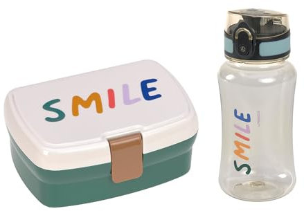 LÄSSIG Set di Pranzo e Biberon Little Gang Smile - Cestino Con Biberon (460 ml) - Milky/Ocean Green