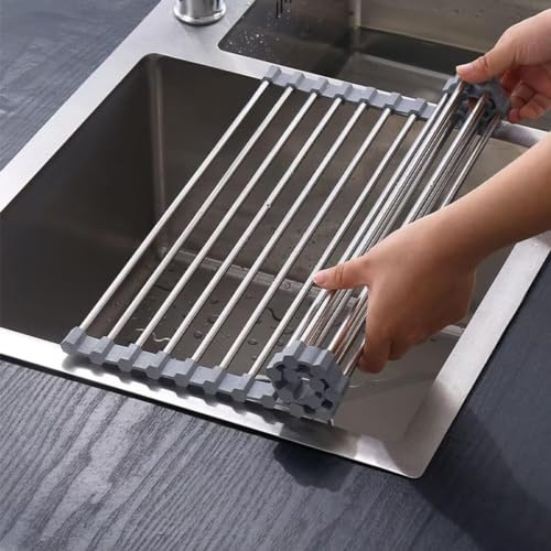 Abtropfgestell Geschirr, Abtropfständer Küche Geschirrabtropfgestell, Klappbare Küchenregal Über dem Spüle Küchen Organizer, Abtropfmatte Abtropfgitter Geschirrtrockner aus Edelstahl,Grau,50*35cm