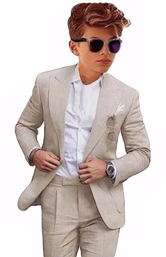 Botong Jungen-Leinenanzug für Sommer, Strand, Hochzeit, 2-teilig, formelle Anzüge, Spitzrevers, Blazer, Hose, Weste, Kinder-Hochzeitsanzug, Beige, 164