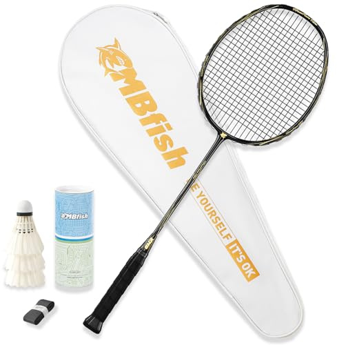 MBFISH Badmintonschläger-Set mit 1 Kohlefaser-Schläger, 3 Federbällen, 2 Ersatz-Griffbändern und 1 Badminton-Tasche, perfekt für Outdoor-Spiele und Fitnessstudio, 5U, Schwarz, 1P