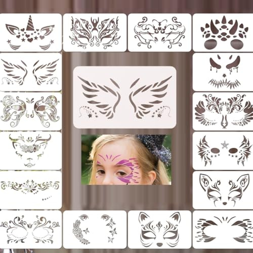 KARLOR 16 PCS Schablonen Gesichtsbemalung Wiederverwendbar Schablone Gesicht schminken Face Paint Schablonen Face Painting Stencils Gesichtsmalerei Vorlager Acrylmalerei