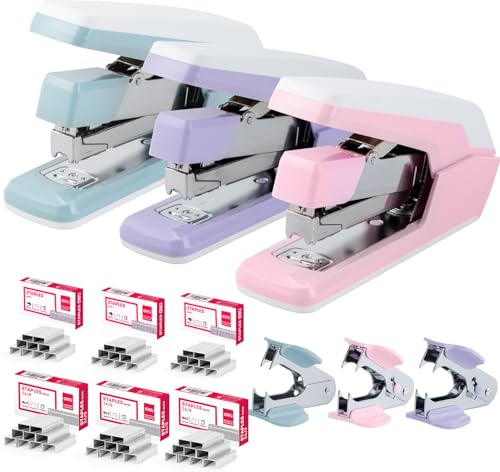Deli Stapler, Effortless Staplers for Desk, 40-50 Sheet Capacity Heavy Duty, One Touch, No Effort, Easy to Load, with 1500 Staples & Staple Remover, 3 Pack, 3 Colors
