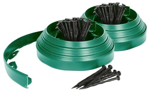 Harbour Housewares 20m Flexible Lawn Edging with 80 Pegs - Green - Plastic Garden Edging Grass Border Flower Bed Stone Path Edge Height 4cm Patio Landscaping Divider Palisade