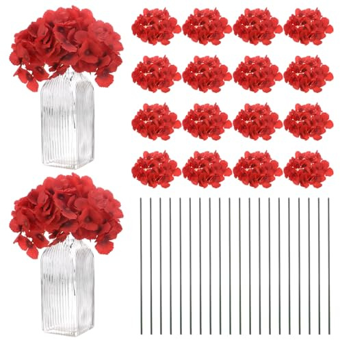 M METERXITY 40 Pcs Fleurs d'Hortensia en Soie, Têtes de Fleurs Artificielles avec 40Pcs Tiges, Fleurs d'Hortensia Complètes pour Décoration Mariage/Noël/Fête [Rouge Vif, Cœur Noir]