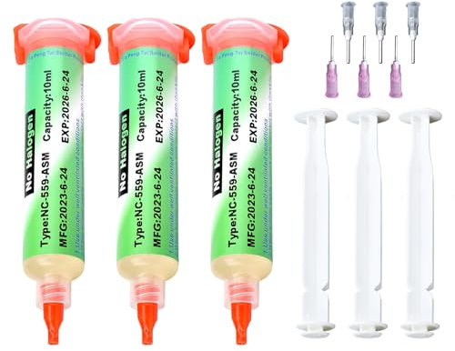 BORISCA 3 Piezas Flux para Soldar Estaño, 10 ml Flux Soldadura Electronica con 3 Empujado, Pasta de Soldadura sin Plomo de Jeringa, Punto de Fusión 138°C Pasta Soldar sin limpieza para BGA PCB SMD