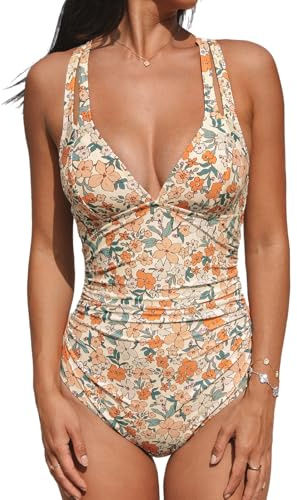 CUPSHE Women's One Piece Swimsuit Tummy Control Deep V Neck Double Straps Crisscross Back Tie Bathing Suit, L
