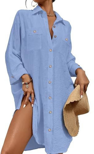 Bsubseach Täckande badkläder för damer, övertäckningsplagg, modern tunika, blus med knappar, skjortklänning, topp, Himmelsblått, XL