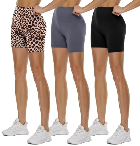 TNNZEET 3-pack cykelbyxor, dam, hög midja, sommar, shorts, ogenomskinliga, korta sportbyxor, leggings, hotpants, under klänningar för sport, yoga, Svart/mörkgrå/leopard, S-M