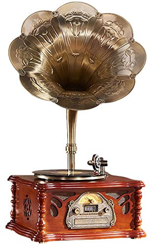 asdchZen Tocadiscos Retro con Altavoces Inalámbricos, Reproductor De CD, Entrada Auxiliar De 3,5 Mm, Radio FM, USB, Fonógrafo De Madera Vintage con Bocina De Cobre para Decoración De O
