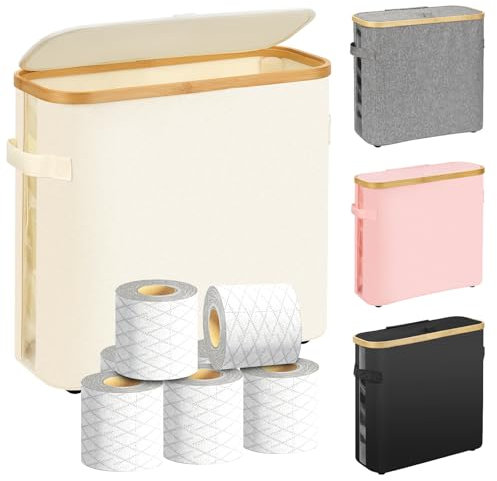 Almacenamiento de rollos de papel higiénico de 32 L, cesta de almacenamiento de papel higiénico con tapa, caja impermeable con asa para 16 rollos, contenedor de baño de bambú (beige)