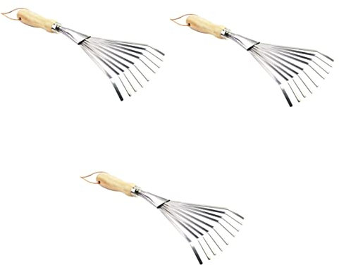 YARNOW 3 Pièces Râteau à Neuf Dents avec Manche en Bois Petit Râteau à Feuilles Râteau De Jardin Petit Râteau De Jardinage Compact Outil De Jardin Râteau à Main Acier Inoxydable