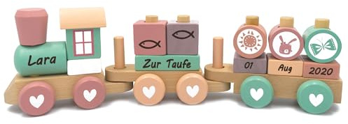 Coverlounge Holz-Eisenbahn Lokomotive Zug mit Steckformen Pink | personalisiert mit Lasergravur Taufe