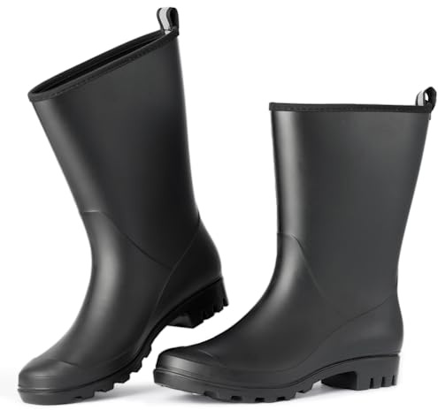 Kprm Wide Calf Women's Rain Boots Waterproof PVC Women Rubber Boot Mid Height Rain Shoes for Outdoor Gardening Work Walking Black Size 8