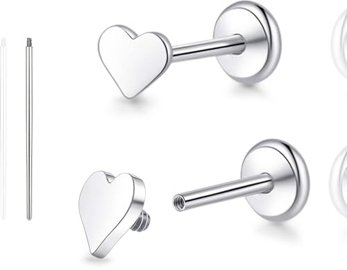 limerencia 18G Pure Titanium Body Piercing Jewelry, G23 Hypoallergenic Flat Back Internally Threaded Tragus Helix Cartilage Conch Medusa Lip Labret Piercing Stud Earrings for Women Men(Heart Silver)