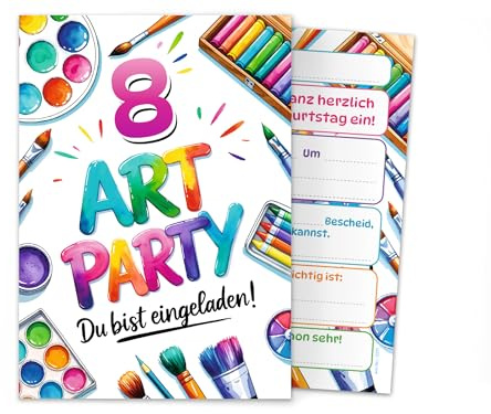 Junaversum 12 Einladungskarten zum 8. Kindergeburtstag Art Kreativ-Party Malparty Kunst Basteln DIY Künstlerparty Kinder Mädchen Einladungen achte Geburtstag Geburtstagseinladungen Kids