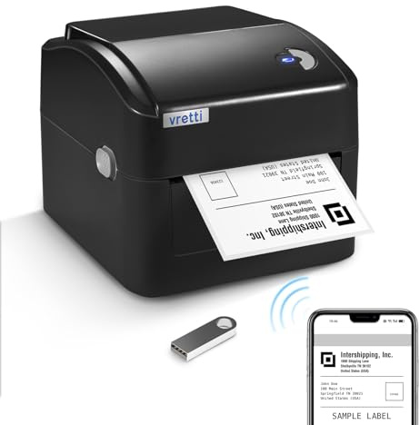 vretti Thermal Label Printer 4x6, Built-in Large label Tray, WiFi & USB for Royal Mail, Vinted, Amazon,No Ink/Toner, 99.99% Scan Success, 3x Longer Lifespan