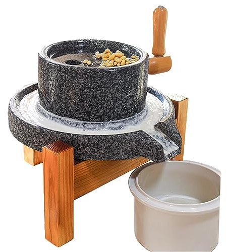 DSeenLeap Hand Stone Mill Grinder with Wooden Frame, Household Wet Grinder Dry Grinder, Natural Granite Stone Mill Grain Grinder for Children Adults Elderly (M 20cmx30cm)