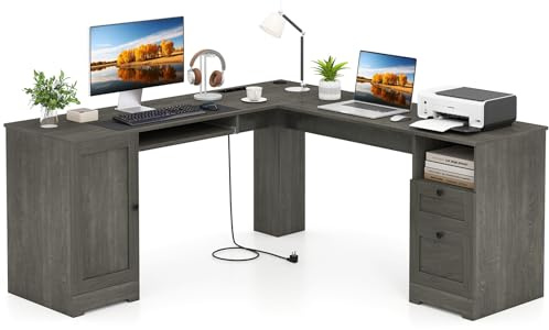 GIANTEX L-förmiger Computertisch mit integrierter Ladestation, Eck-Schreibtisch mit Tastaturablage & Schubladen, Bürotisch für 2 Personen mit Lagerschrank & verstellbarem Regal (Grau)