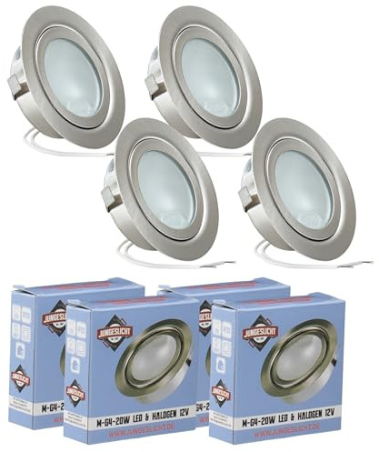JungesLicht - Möbeleinbauleuchte 12V G4 20W, Bohrloch 55-60mm passend, Tiefe 23mm, Außen 73mm, gebürstet, (Halogen Leuchtmittel inklusive, LED geeignet), dimmbar, Möbelleuchte, Spiegelleuchte, 4 Stück