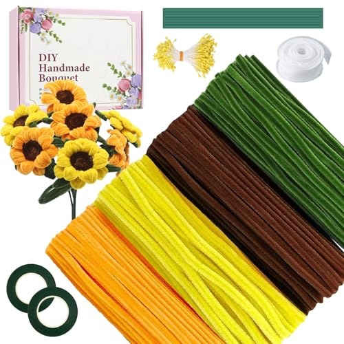E·Durable Pfeifenreiniger Blumen Set, 400 Stück Sonnenblumen Pfeifenputzer zum Basteln, mit Blumendraht, Schleifenband, Klebeband, Blumen Staubblatt für Blumenstrauß DIY Dekorationen (Orange)