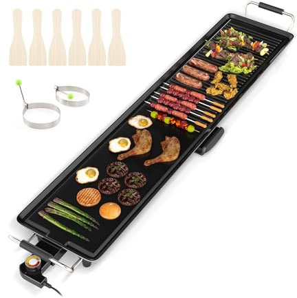 COSTWAY Plancha Electrica para Cocinar,XXL,100x22cm, Grelhador Electrico 1800w, 4 Ajustes de Temperatura, Asas Aisladas y Bandeja de Extraíble,Revestimiento Antiadherente, Parrilla Electrica