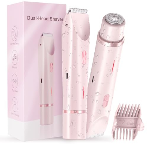 2 in 1 Lady Dual-Head Shaver, IPX7 Electric Lady Shavers for Women, Bikini Trimmer Women Wet and Dry, Waterproof Rechargeable Electric Razor for Bikini Underarms Legs Arms Body Face (Pink)