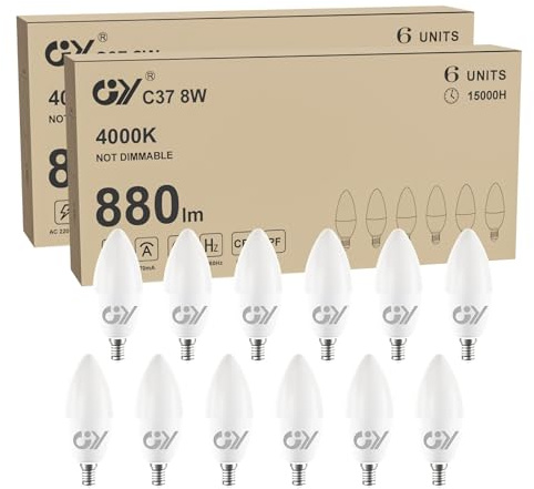 GY Bombilla LED E14 Blanco Neutro 8W 4000K, 880 Lúmenes, Bombilla E14 LED C37 Vela con Rosca fina, No Regulable, Clase C Bajo Consumo, 12 Pieza