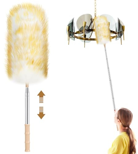 Plumero, mango extensible, plumero telescópico, plumero esponjoso, plumas naturales, plumero largo para techos altos, escoba de telaraña para casa, coche, oficina (130 cm)