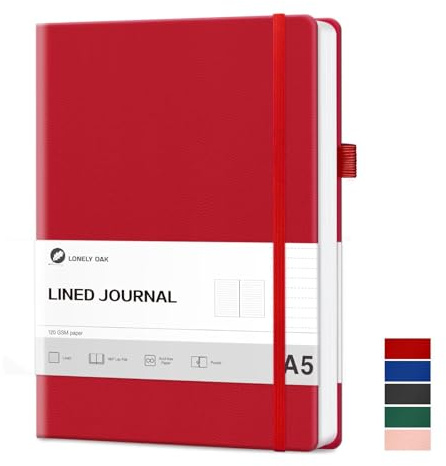 Lonely Oak Cuaderno de Diario de Rayas para Escribir - Diario de Viajes A5 con Papel Sin Ácido de 120 GSM - Portada Rígida de Cuero y Bolsillo Interno - 21,3 cm x 14,6 cm (Rojo)