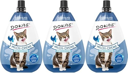 Dokas Cat Snack Milch-Creme mit Hühnerbrust – 3 x 80g | Katzencreme mit 100 % Huhn & laktosefreier Milch | Getreidefrei, fettarm & proteinreich | Leckerer Snack & Topping