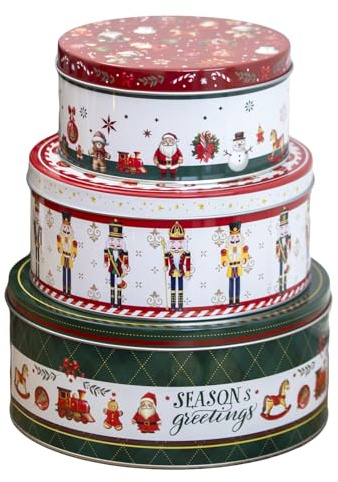Darthome Christmas Nesting Cake Tins Set, 3-Piece Metal Storage Containers, 20cm/17cm/15cm, Festive Designs