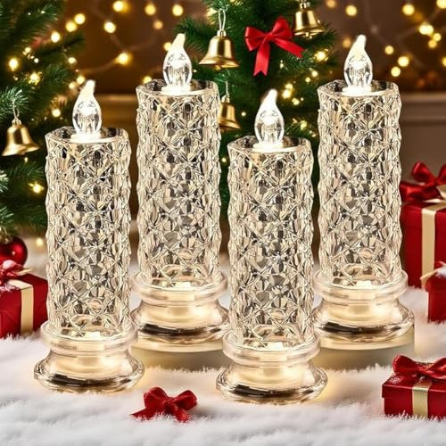 LexTex Set Mit 4 LED-Kristallkerzenlichtern, Flammenlosen LED-Kerzen, Flammenlosen Rosenschatten-LED-Kerzen, Romantischen Flammenlosen Stumpenkerzen(Weiß,4PCS)