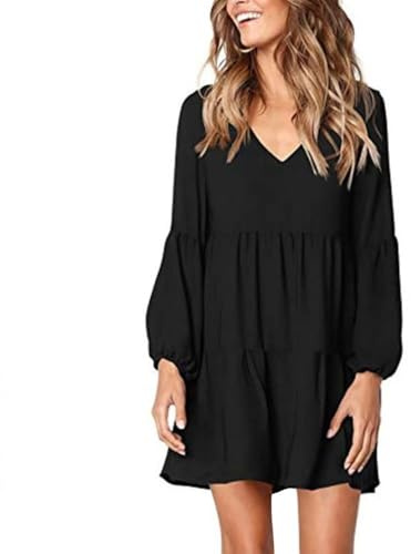 XFSRG Robe Femme Manches Longues Robes Chic et Elegant Col V Casual T-Shirt Mi Longue Décontracté Couleur Unie Dress au Genou Automne Hiver (Noir L)