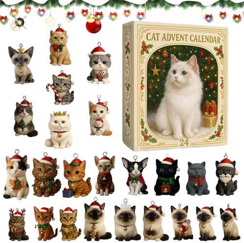 Katzen Adventskalender 2025, Weihnachtsbaum Katzen Anhänger, 24 Tage Weihnachtskatzen Adventskalenders, Adventskalender für Katzen, Weihnachtsbaumschmuck Für Katzenliebhaber