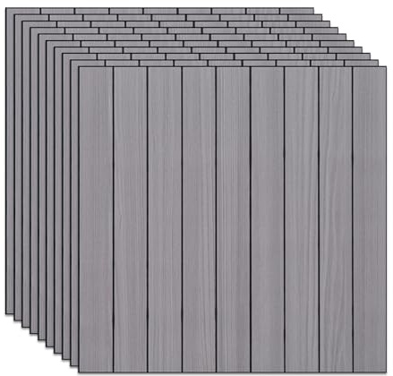 Tokenhigh Lot de 10 panneaux de papier peint à lamelles en bois - 40 x 40 cm - Panneaux muraux autocollants décoratifs amovibles pour salon, chambre à coucher (gris clair)