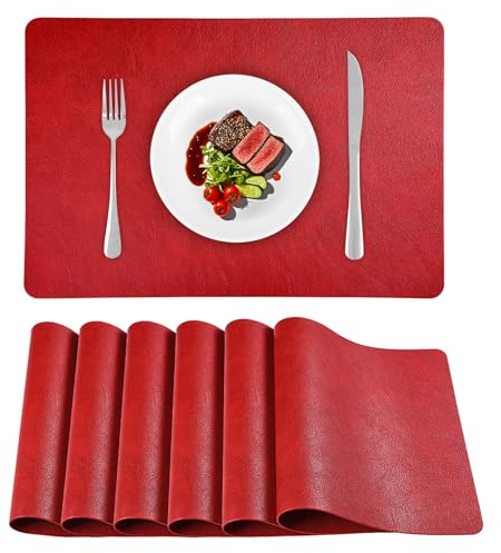 APLKER Tischsets Abwaschbar 6er Set Lederoptik Platzdeckchen 43 × 30 cm | Kunstleder Tischsets Platzsets Abwaschbar Doppelseitigen Rutschfest Wasserdicht Tischuntersetzer 16,9 × 11,8 Zoll Rot