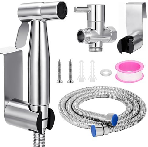 Douchette WC Kit Complet, Kit Bidet Toilette WC, Pulvérisateur en Acier Inox 304 pour l'Hygiène Personnelle Quotidienne avec Tuyau, Valve d'Arrêt et Support Mural, Adaptateurs G1/2' | Douchette en acier inoxydable 304 avec support mural pour salle de bain, hygiène, papier toilette, nettoyage des couches