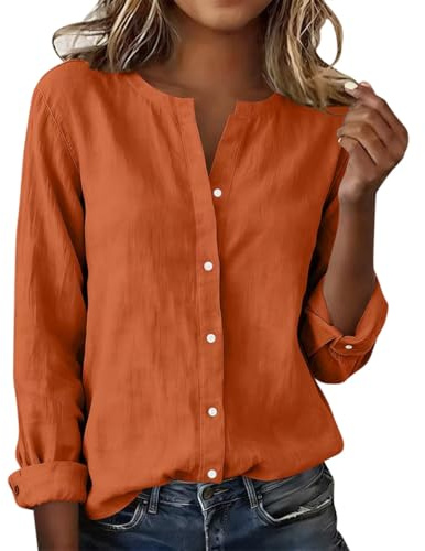 Onsoyours Chemise Femme Coton Et Lin Chemisiers Et Blouses Manches Longues Col en V Chic Et Élégante Décontracté Couleur Unie Tee Shirt avec Bouton A Orange M